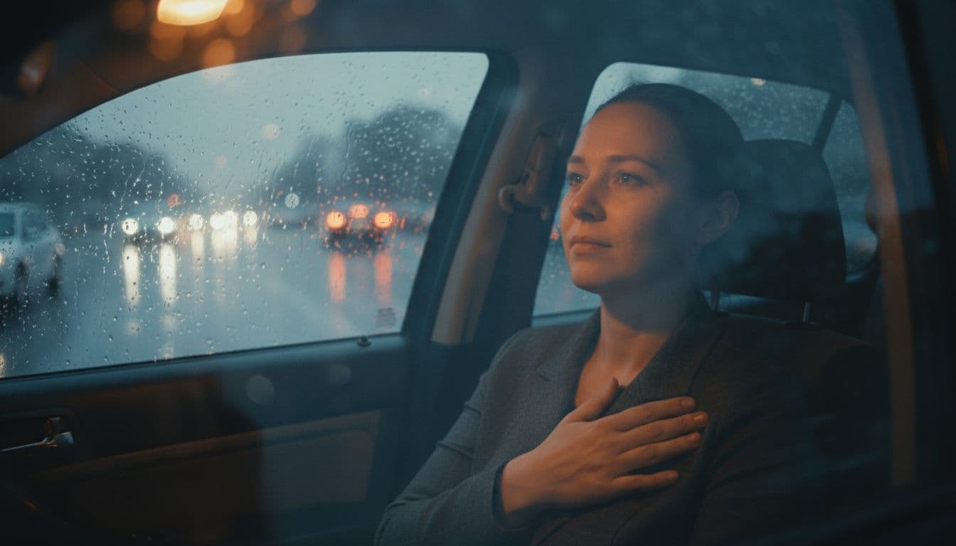 A single adult driver sits relaxed in a car stuck in heavy rainy city traffic, hand gently on heart, with a calm thoughtful expression gazing softly out the rain-streaked window. Cinematic style with dashboard glow, dramatic lighting, and muted blue-gray tones evokes compassionate self-talk during frustration.