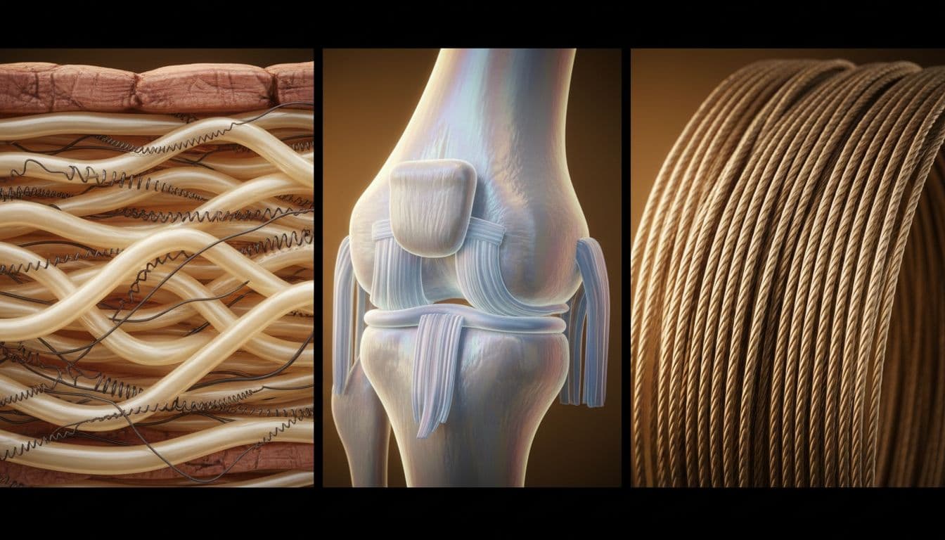 Cross-section visualization of collagen fibers providing structure and elasticity in human skin dermis, knee joint cartilage, and tendons.