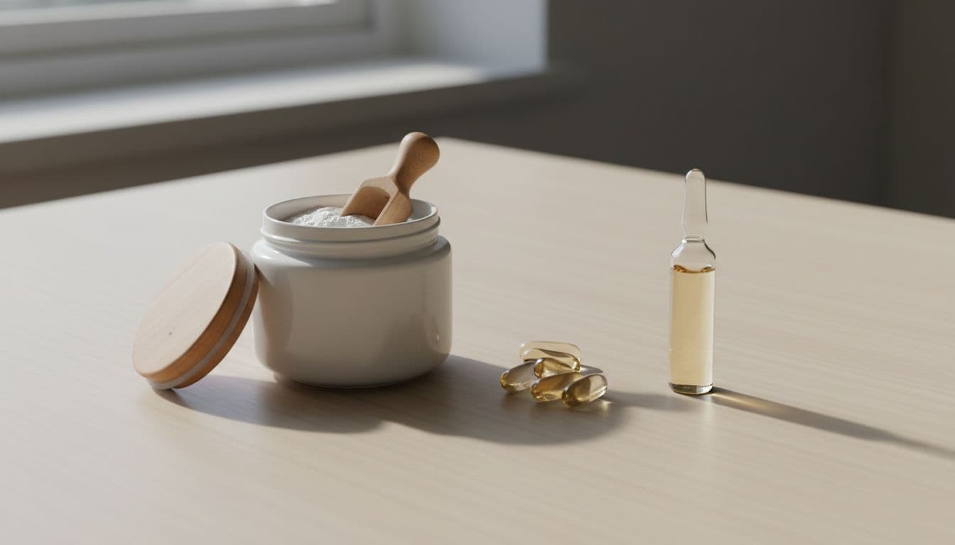 Arrangement of collagen supplements on a clean wooden surface: white powder in open jar, translucent capsules, and clear glass ampoule with pale liquid, in dramatic natural lighting with high detail.