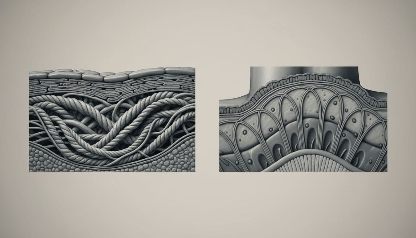 Cross-section illustrations of Type I collagen dense fibers in human skin dermis for elasticity and Type II in knee joint cartilage for cushioning, with structured fibrous networks.