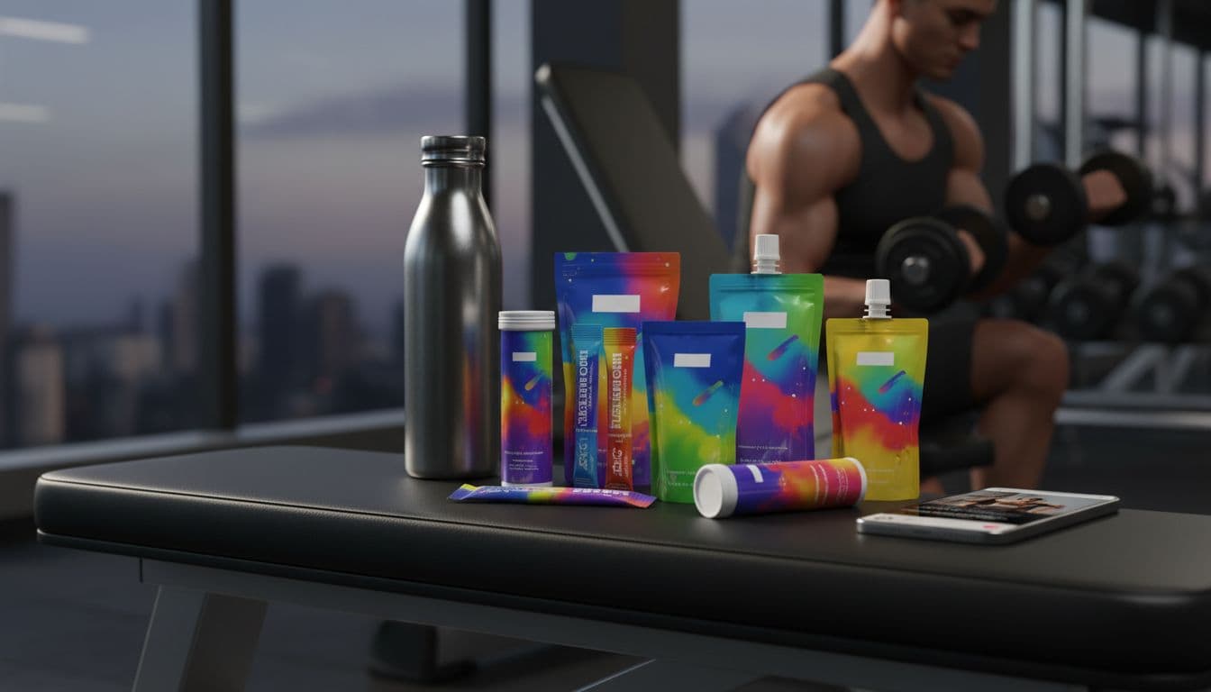 Assortment of colorful electrolyte powder packets, stick packs, effervescent tablets, and ready-to-drink mixes on a modern gym bench next to a reusable water bottle and smartphone with fitness social media post, athlete lifting weights in soft focus background.