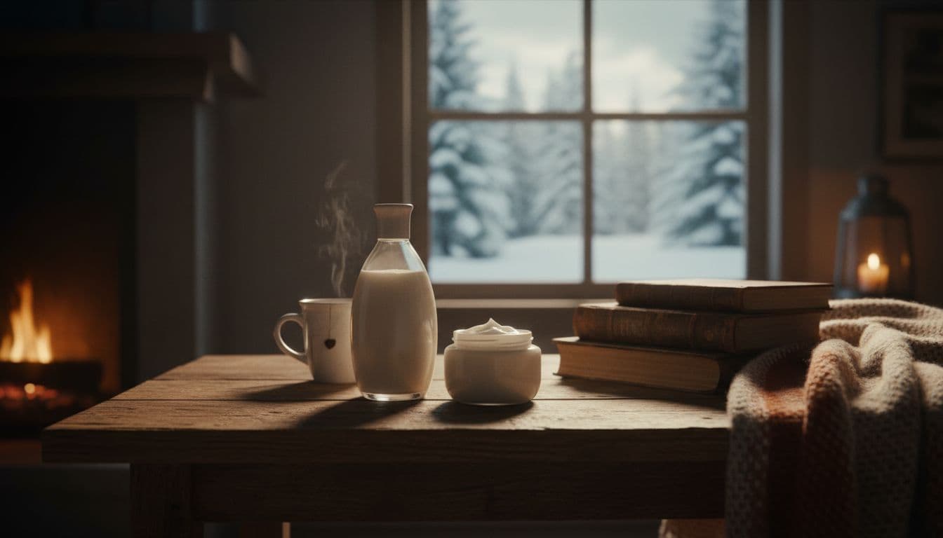 A cozy winter interior scene with a bottle of moisturizer lotion naturally placed on a wooden table, snow falling outside the window, dramatic cinematic lighting with strong contrast, warm tones, and depth, no people or text visible.