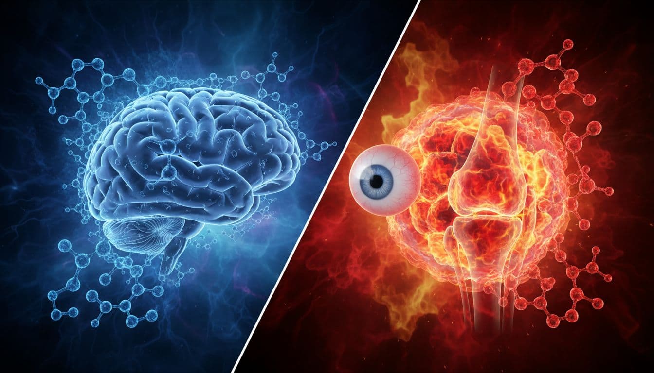 Split abstract composition: left side shows detailed human brain and eye protected by blue DHA molecular shield; right side depicts inflamed cells or joint soothed by red EPA layer; cinematic style with high contrast, depth, dramatic lighting, and scientific detail.