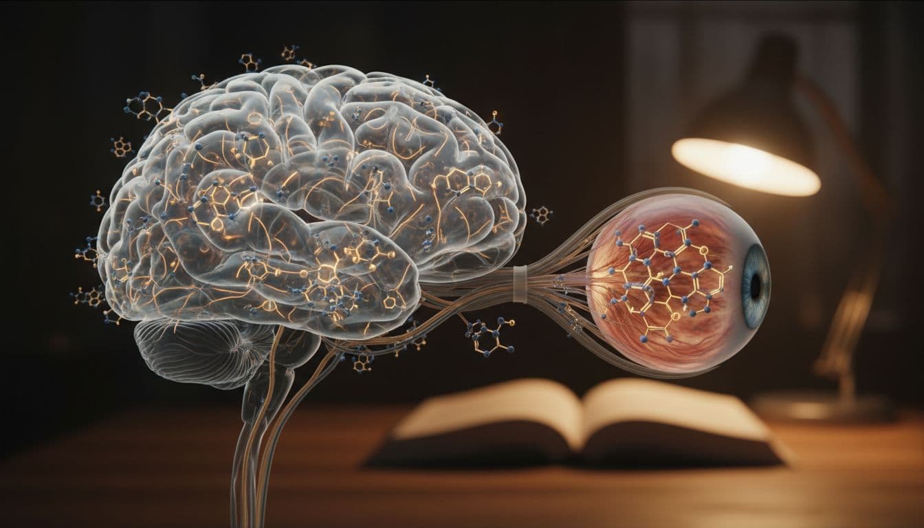 Anatomically precise human brain and eye with highlighted retina featuring DHA molecules as membrane building blocks, in a calm reading setting with book and lamp, cinematic close-up on brain, eye, and nerves.