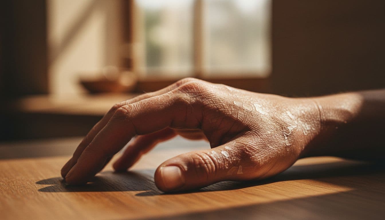 Extreme close-up of dry, cracked, and flaky skin on a single hand, showing scales and tension in a natural indoor setting with cinematic lighting and warm tones.