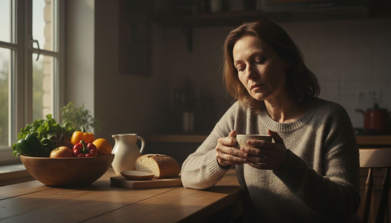 Eine müde Frau mittleren Alters sitzt mit blassem Gesicht am Küchentisch und hält eine Tasse Tee, im Hintergrund frisches Obst und Gemüse. Cinematischer Stil mit starkem Kontrast, Tiefe und dramatischem Licht, natürliche Innenraumbeleuchtung.