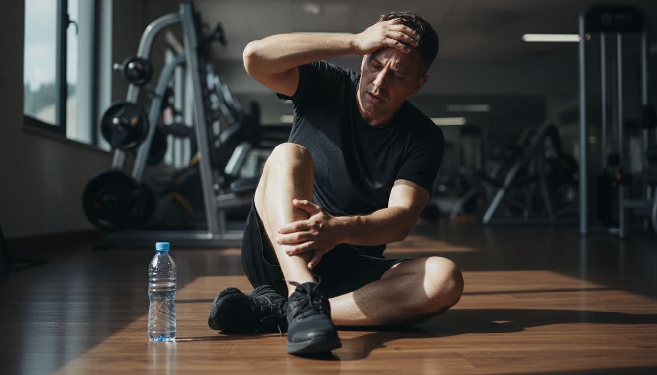 A fatigued individual sits exhausted on a gym floor after a workout, clutching a cramping calf muscle while sweating heavily and showing a dizzy, headache expression.