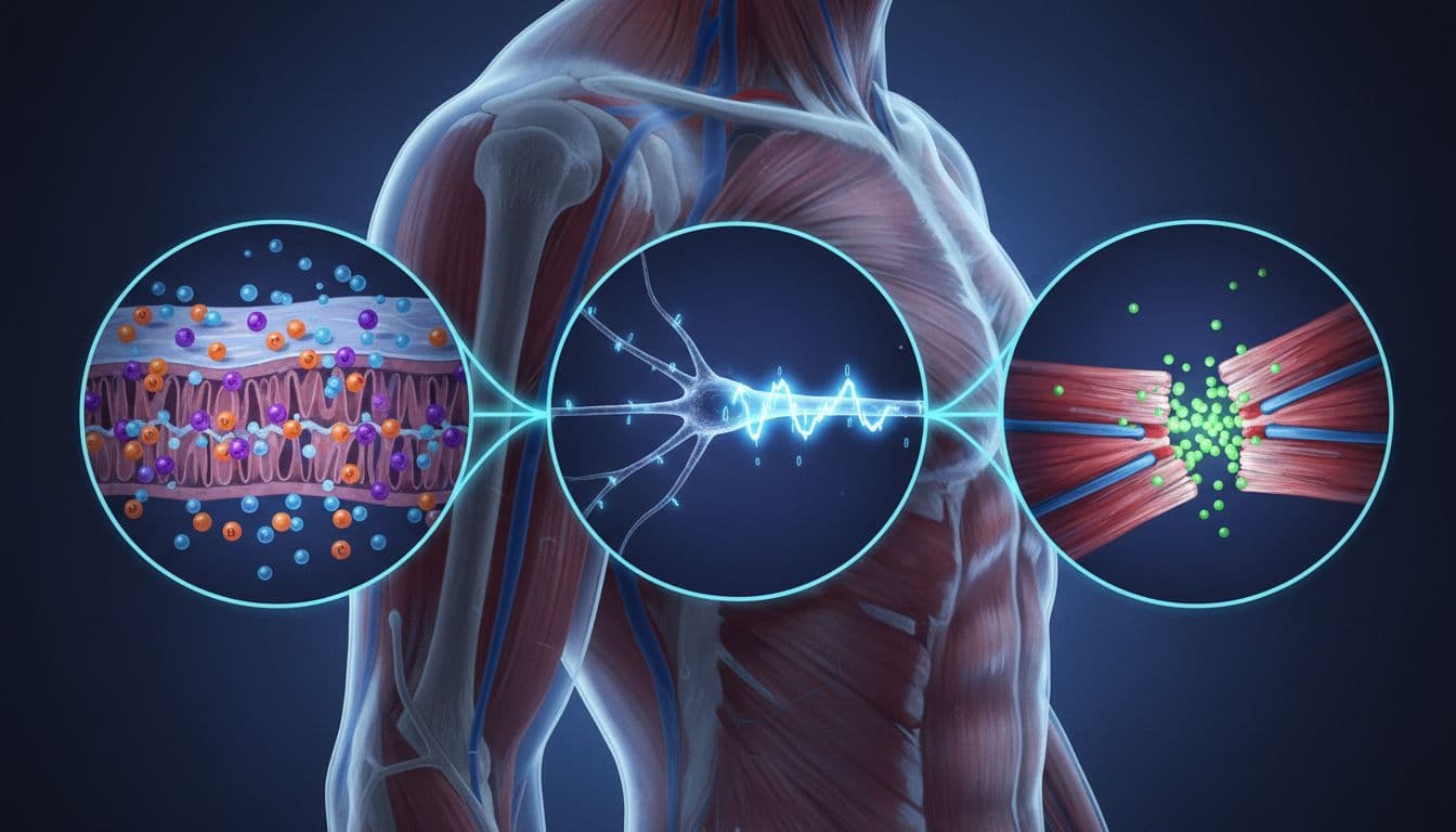 Anatomical illustration depicting electrolytes like sodium and potassium regulating fluid balance across cell membranes, nerve impulses along a neuron, and calcium-triggered muscle contraction in an arm cross-section.