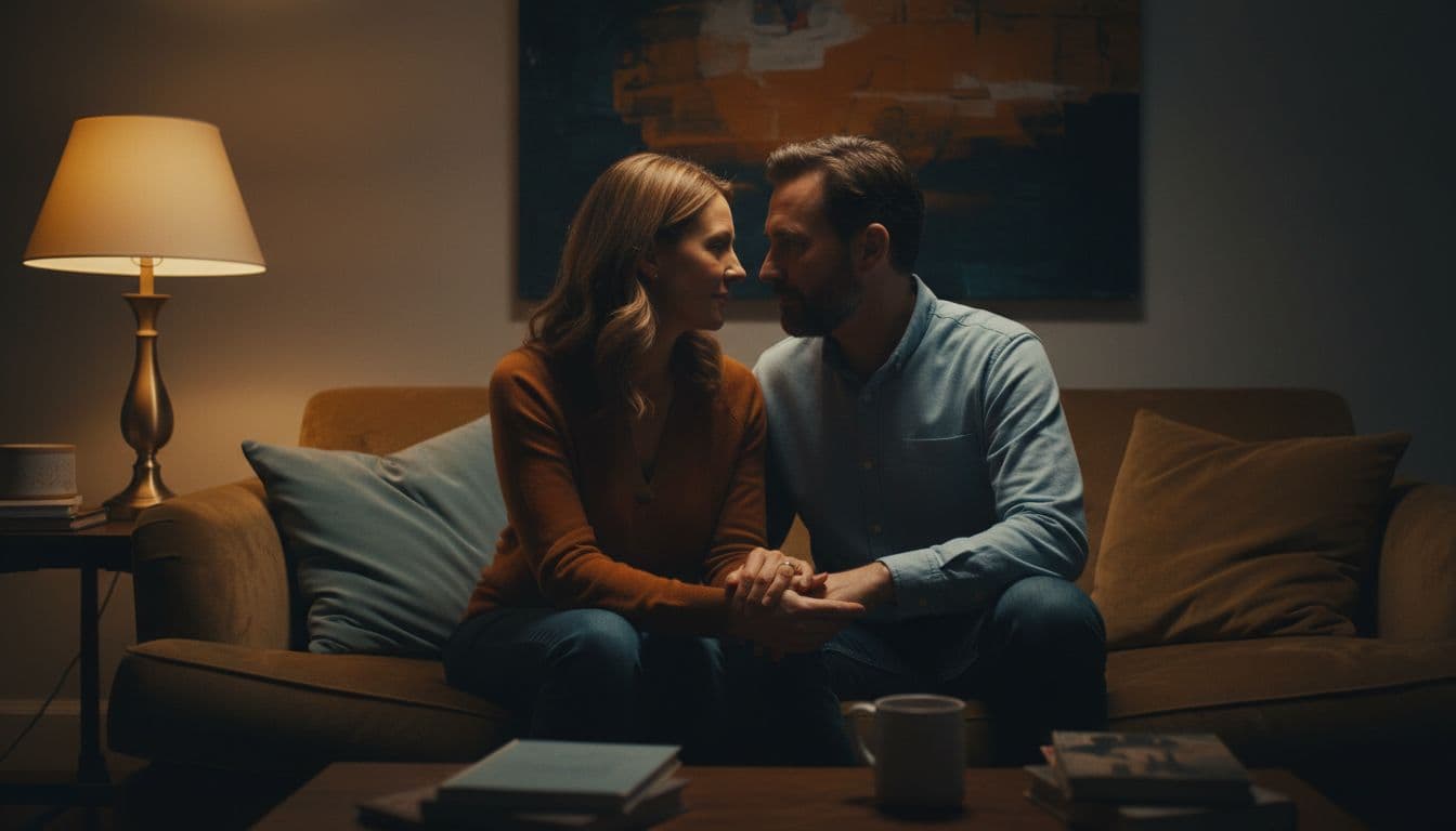 A mid-30s couple sits closely together on a living room couch under dim lamp light, gazing empathetically and gently touching hands to demonstrate emotional intelligence in communication. Cinematic style features strong contrast, depth, and dramatic lighting with exactly two people.