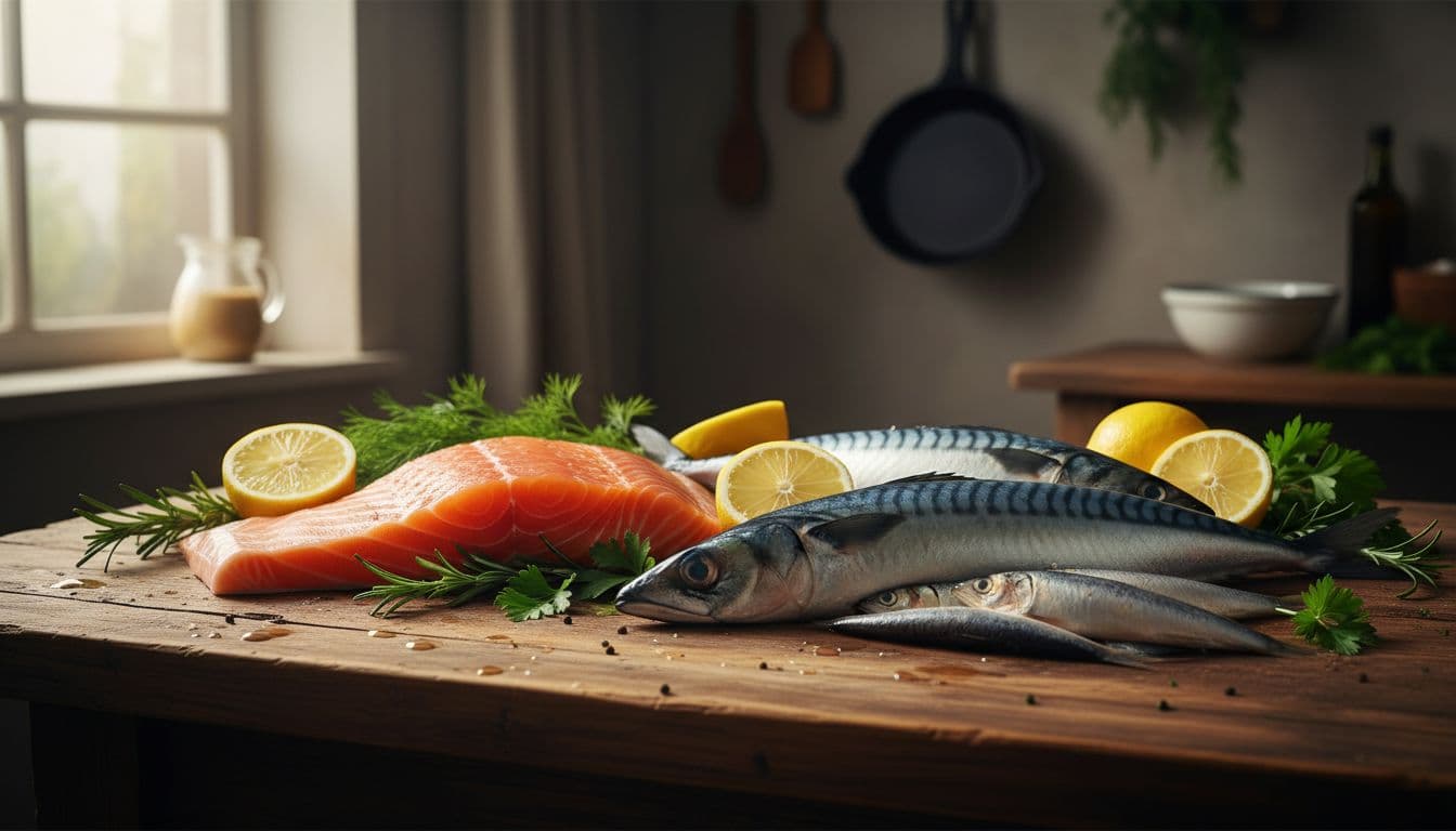 Four types of fresh fatty fish including salmon, mackerel, herring, and sardines prominently displayed on a rustic wooden table in a sunny kitchen, garnished with lemons and herbs in a cinematic style with strong contrast and dramatic lighting.