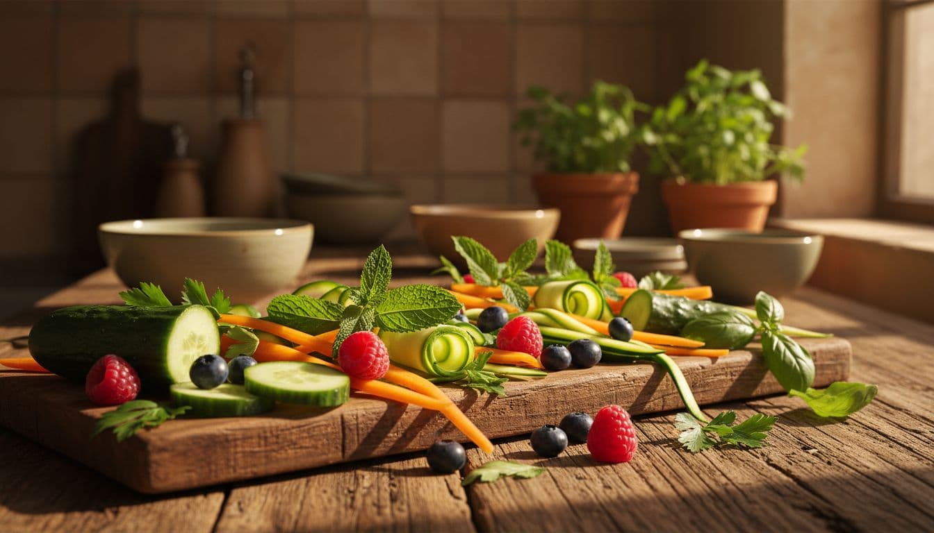 Frische Gurken, Karotten, Zucchini, Beeren und Kräuter auf einem rustikalen Holztisch in warmer Küche, Nahaufnahme mit lebendigen Farben, Texturen, filmischem Stil, starkem Kontrast und dramatischem warmem Licht.