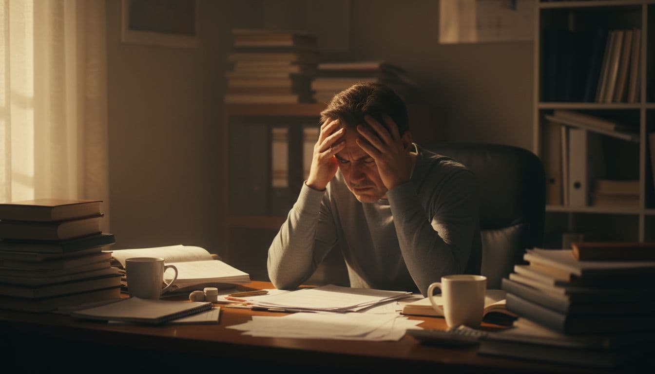 A single adult sits at a cluttered desk in a dimly lit home office, hands clenched on forehead, shoulders hunched in frustration under dramatic warm lighting.