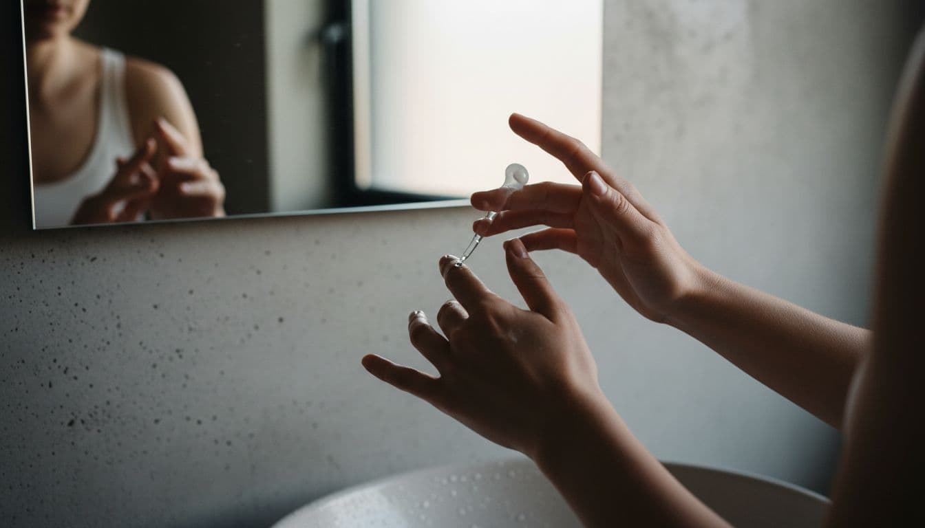 A woman's hands delicately apply cream and serum to clean facial skin with light impurities in a minimalist bathroom, captured in cinematic style with dramatic lighting and strong contrast.