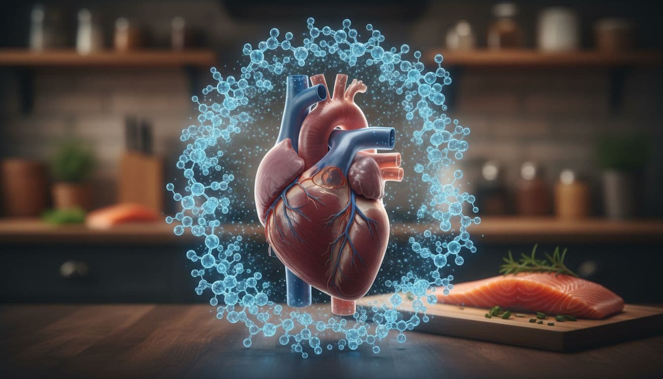 A vibrant healthy human heart with open clear arteries and veins, surrounded by glowing blue Omega-3 molecules as a protective shield, in a warm kitchen setting with salmon filet on a cutting board in the background.