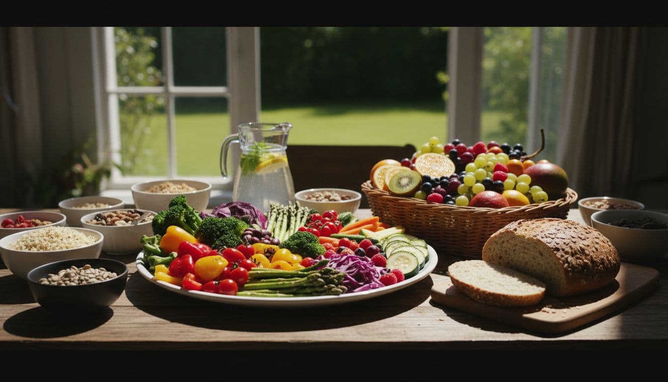 A vibrant healthy meal with fresh vegetables, fruits, and whole grains arranged on a table, bathed in natural daylight from a window. Cinematic style featuring strong contrast, depth, and dramatic lighting to emphasize balanced nutrition.