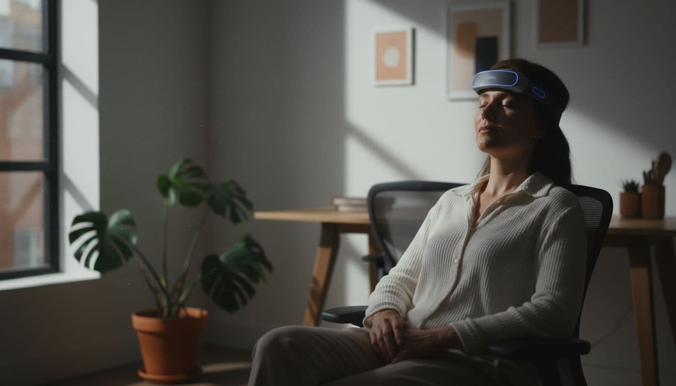 A person sits calmly in a cozy home office with a neuromodulation device on their forehead, eyes closed in relaxation, using it for migraine prevention in a modern simple setting with cinematic style, strong contrast, depth, and dramatic side lighting.