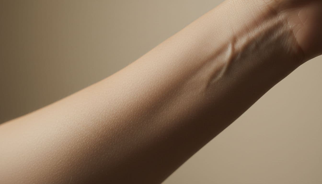 Close-up of healthy, hydrated mature human skin on a woman's forearm, showcasing smooth texture, improved elasticity, moisture, and subtle natural glow in soft daylight.