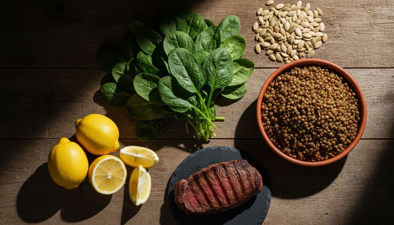 Arrangement of iron-rich foods including spinach, lentils, beef, pumpkin seeds, and lemons on a rustic wooden table, captured in cinematic style with strong contrast, depth, dramatic lighting, and top-down composition. Exactly five fresh, appetizing items visible, no people, text, or labels.
