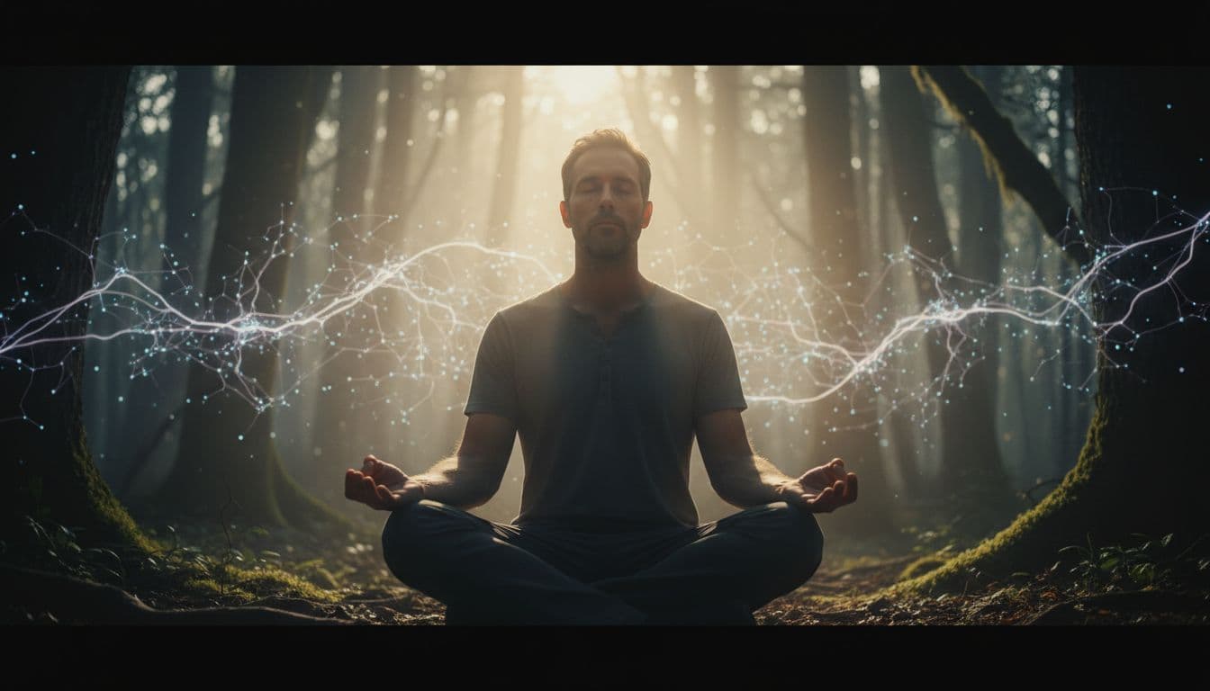 A man in his late 30s meditates serenely in a quiet forest at sunrise, soft light caressing his face, with faint glowing abstract neural pathways in the background. Cinematic style featuring strong contrast, depth, and dramatic lighting illustrates brain neuroplasticity.