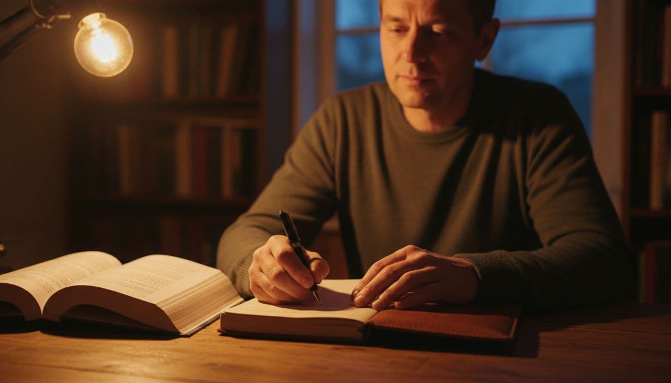 A middle-aged man in a warmly lit evening study writes notes from a self-help book into a journal on a wooden desk, captured in an intimate cinematic composition focusing on hands and notebook.
