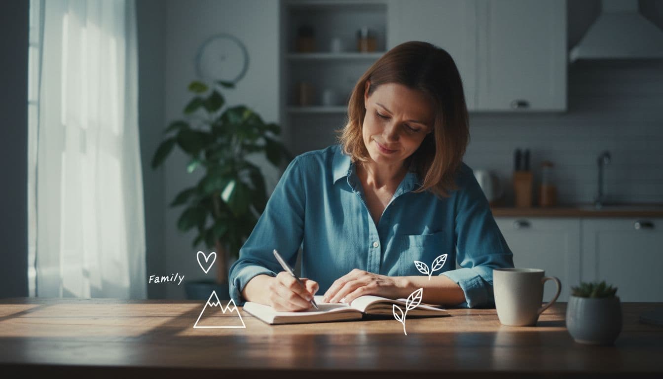 A woman in her early 40s writes concentratedly in a journal at a bright morning kitchen table, surrounded by simple symbols like a heart for family and a mountain for strength, featuring a satisfied smile in cinematic style with strong contrast and dramatic lighting.
