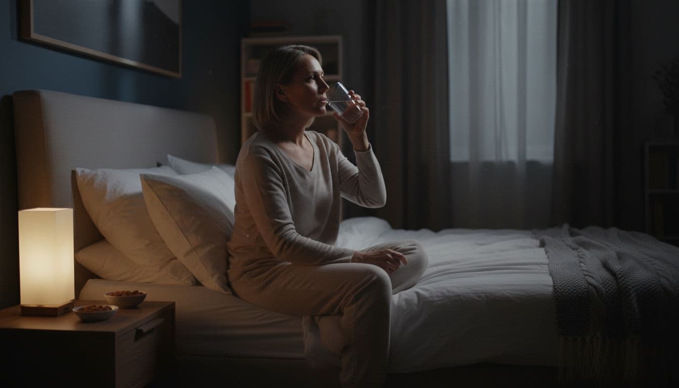 A middle-aged person in a cozy bedroom at night prepares a steady sleep routine by drinking water from a glass, placing a small healthy snack on the nightstand, and adjusting a dim lamp, with the bed ready and pillows arranged.