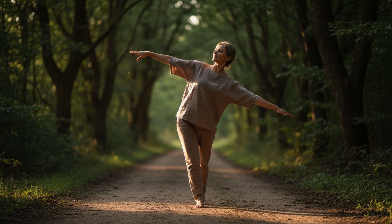 A middle-aged person performs a gentle yoga stretch or walking pose on a calm outdoor path with trees in the background, relaxed posture, natural cinematic lighting, and strong contrast.