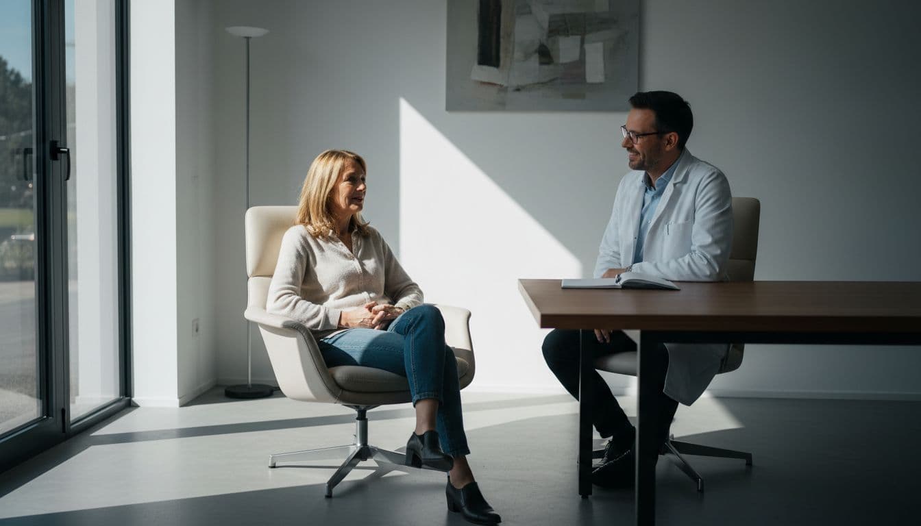 A middle-aged German woman sits relaxed in a modern doctor's office, facing her doctor across the desk to discuss stress relief, with natural daylight, cinematic lighting, and minimal props.