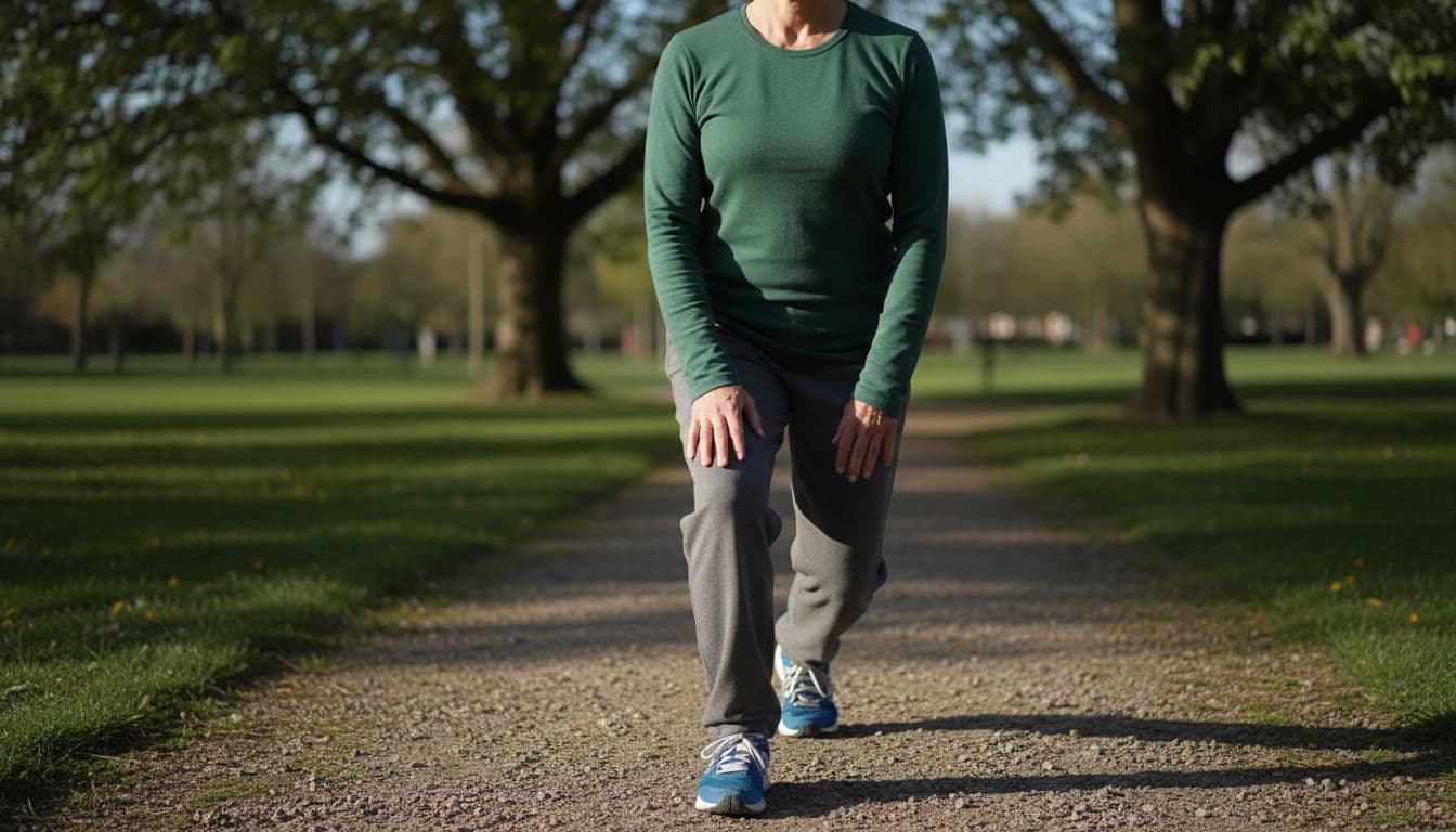 Middle-aged person in sportswear performing a gentle knee bend outdoors in a park, highlighting flexible joint movement and pain-free posture with cinematic lighting.