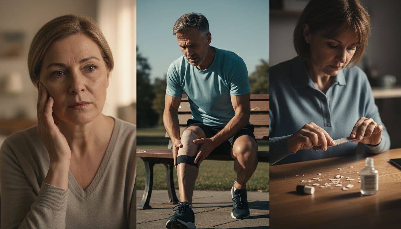 A diverse group of three middle-aged individuals in separate yet blended cinematic scenes: a woman touching her dry cheek, an athletic man stretching his knee outdoors, and another woman filing brittle nails at a desk.