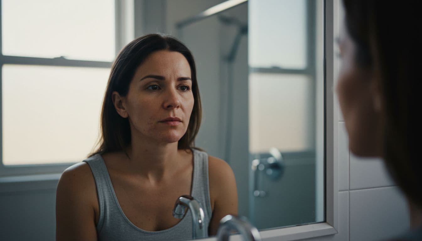 A middle-aged woman with mild hormonal acne on her chin and jawline gazes thoughtfully into a mirror in a bright bathroom, with focus on facial skin imperfections in cinematic style and dramatic lighting.