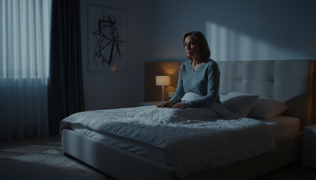 A middle-aged woman sits up awake in a cozy modern bedroom at night, tense shoulders and tired eyes revealing exhaustion and unrest from insomnia due to chronic stress, illuminated by soft moonlight.