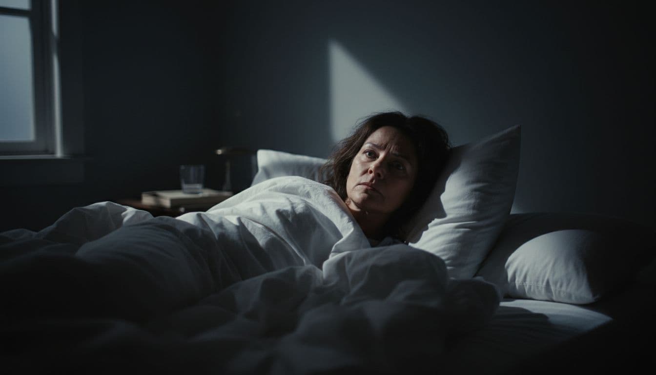 A middle-aged woman lies awake in a dark bedroom, staring worriedly at the ceiling as moonlight streams through the window, capturing her rumination and stress in a cinematic close-up with dramatic lighting.