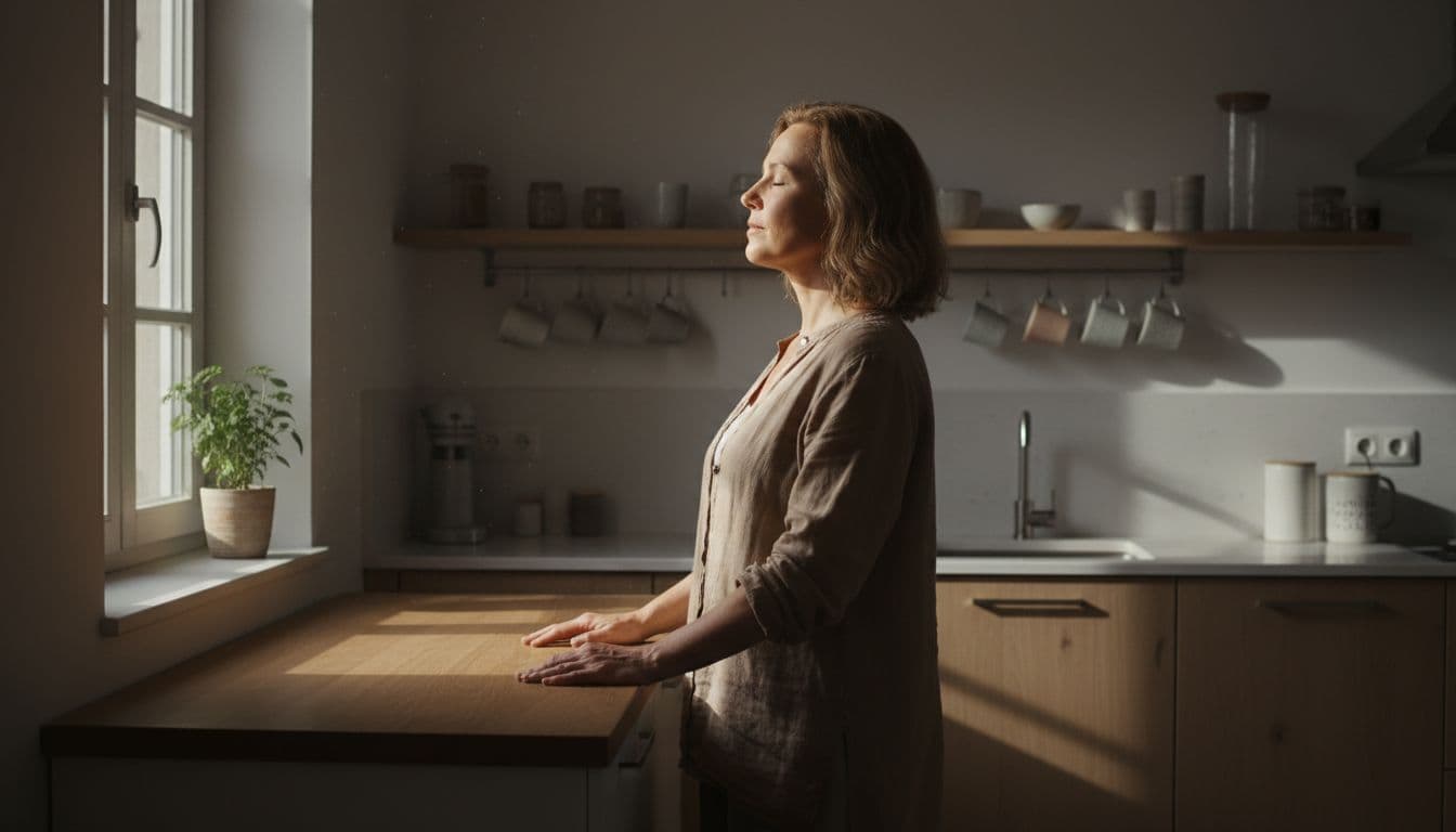 A middle-aged German woman around 50 practices a simple mindful breathing exercise in a cozy modern kitchen, hands relaxed on the countertop, eyes softly closed, breathing deeply in warm natural morning light. Cinematic style with strong contrast, depth, and dramatic lighting, no other people or distractions.