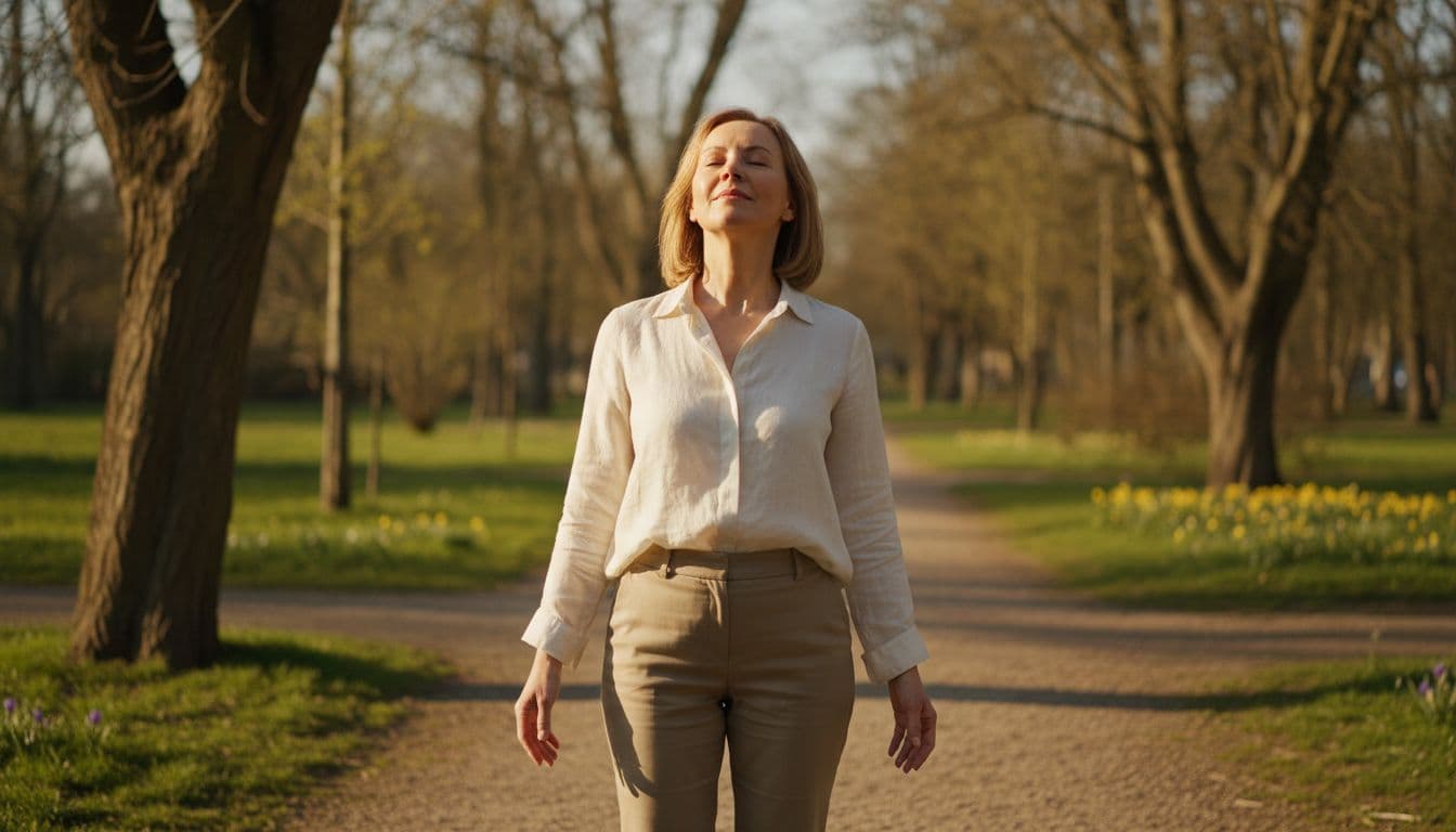 A single middle-aged woman stands relaxed outdoors in a sunny early spring park, face turned toward mild sunlight, arms at sides, with trees and path in background, captured in cinematic style with strong contrast and dramatic lighting.