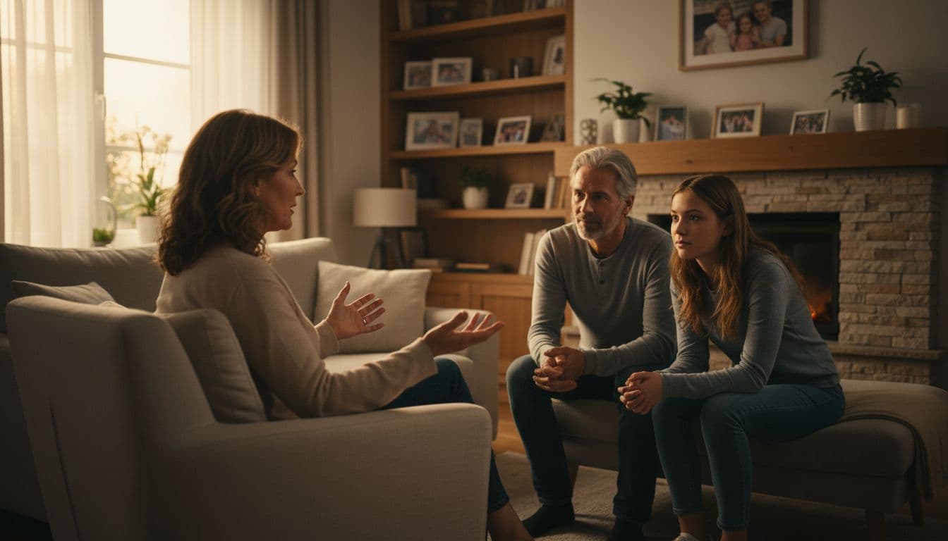 A middle-aged German woman around 50 in a cozy modern living room with family photos calmly sets boundaries during a conversation, gesturing gently with relaxed hands, while her partner and adult child listen attentively nearby, illuminated by warm evening light in a cinematic style with strong contrast and depth.