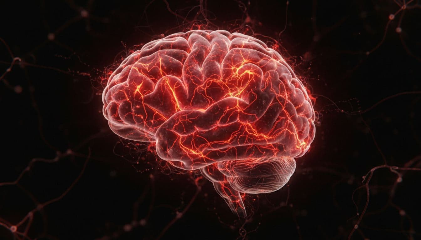 Human brain in profile view with glowing red and orange regions in cortex and brainstem indicating overactive neurons firing along nerves, subtle inflammation around blood vessels, dark background with illuminated neural pathways.