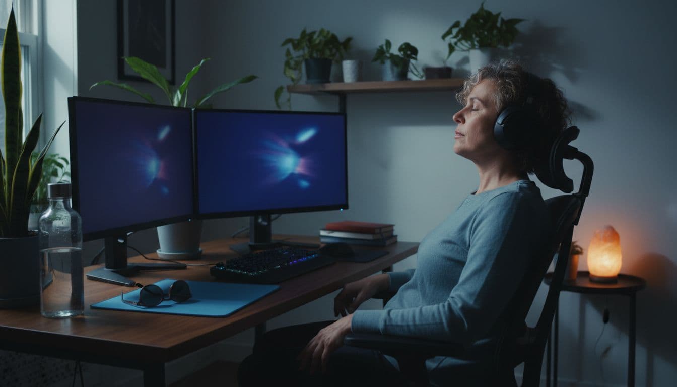 A middle-aged person at a home workspace optimized for migraines, with low screen brightness, dim lighting, good posture, nearby sunglasses, calming plants, and optional noise-cancelling headphones in a cinematic style.