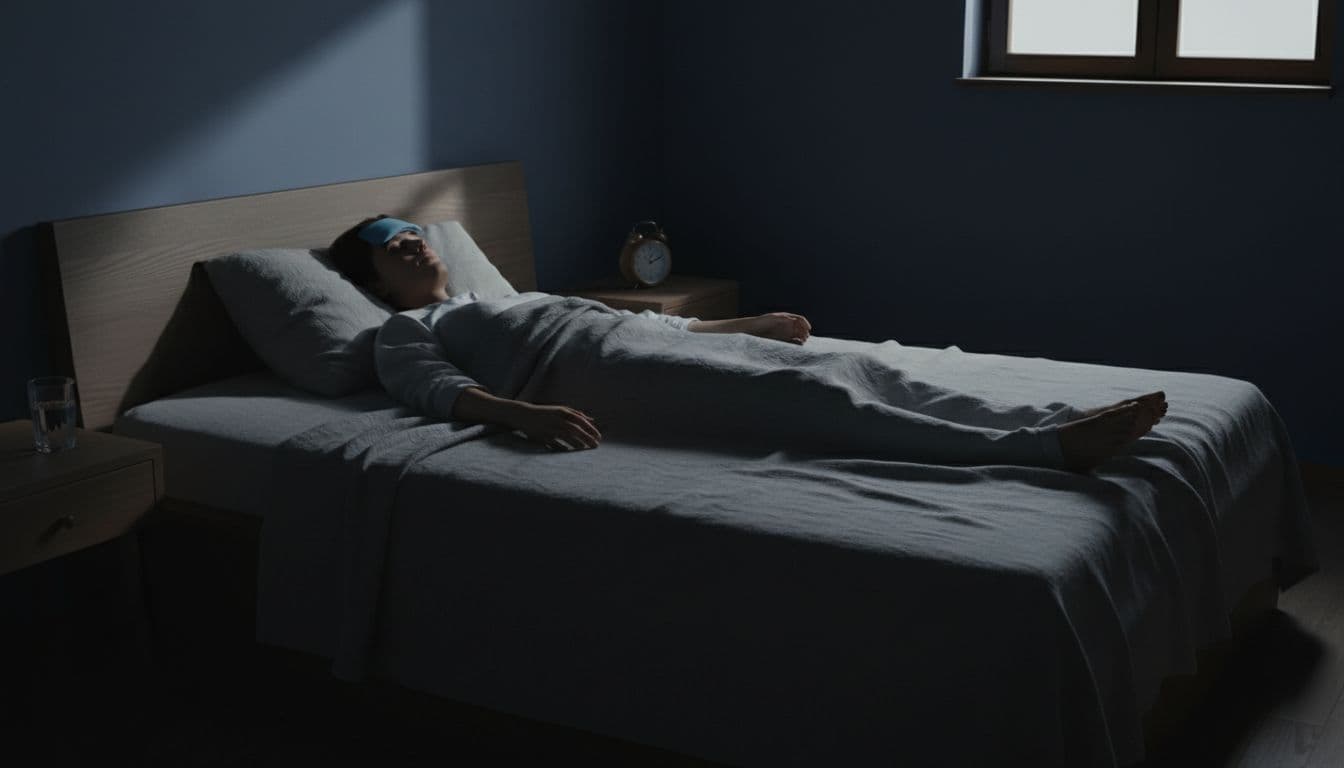 A person rests in a dark, quiet bedroom, lying on the bed with a cold compress on their forehead, eyes closed in relief, and a glass of water on the nightstand. Soft dim lighting from a small window creates cinematic contrast and dramatic shadows.