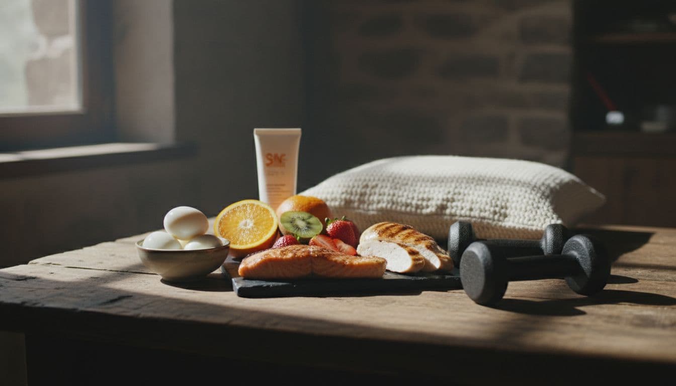 Rustic wooden table arrangement with protein sources like boiled eggs, salmon fillet, chicken breast; vitamin C-rich orange slices, strawberries, kiwi; dumbbells, sunscreen tube, and cozy pillow for natural collagen production.