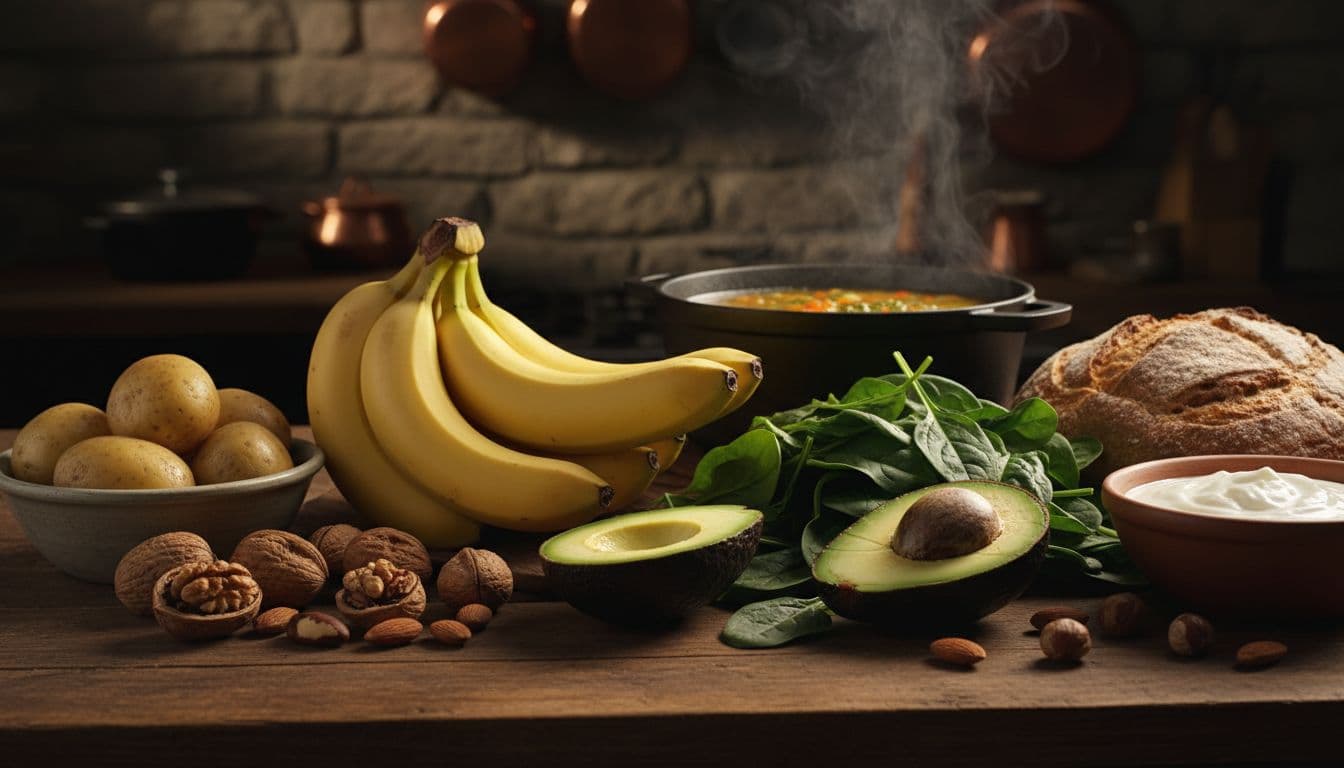 An assortment of fresh electrolyte-rich foods including bananas, spinach, avocados, potatoes, nuts, whole grain bread, yogurt, and vegetable broth arranged naturally on a rustic wooden kitchen table with cinematic lighting and high detail textures.