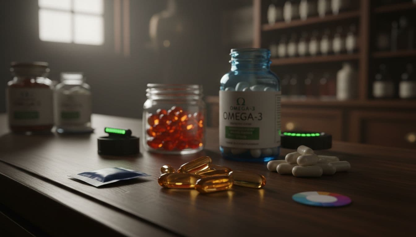 Various Omega-3 products like fish oil, krill oil capsules displayed on a pharmacy counter with freshness indicators. Cinematic style featuring strong contrast, depth, and dramatic lighting, showcasing three product types without people, text, brands, or watermarks.