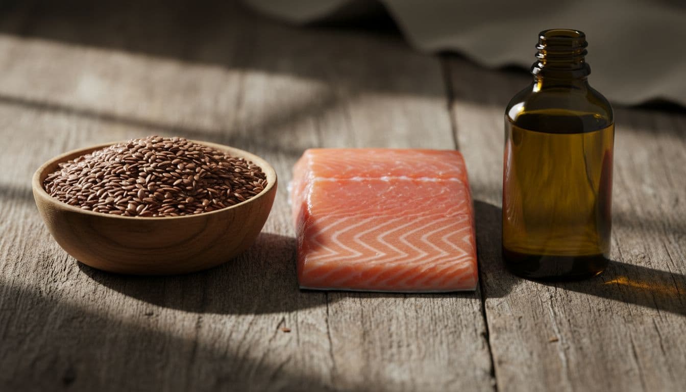 Three natural Omega-3 sources side by side on a rustic wooden table: flaxseeds for ALA, fresh salmon fillet for EPA/DHA, and algae powder or oil for EPA/DHA, captured in cinematic close-up with dramatic lighting.
