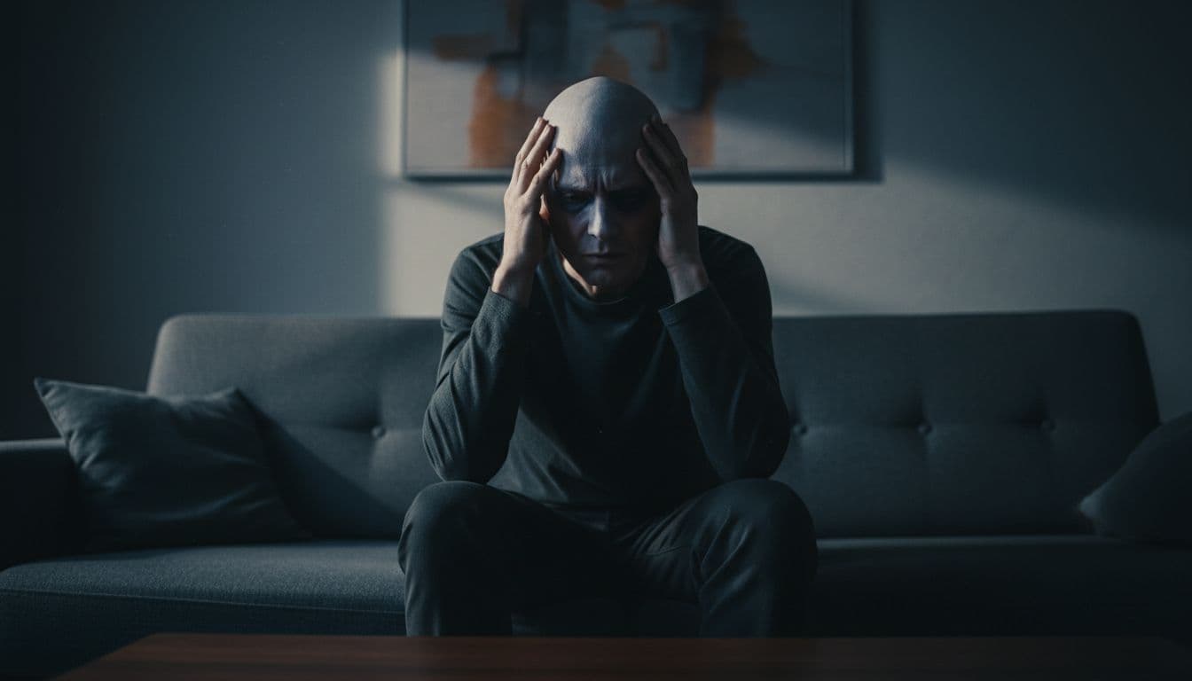 A pale person sits in a living room, clutching their head with a subtle worried expression, under dramatic cinematic lighting with strong shadows to visualize urgent symptoms like dizziness and headaches.