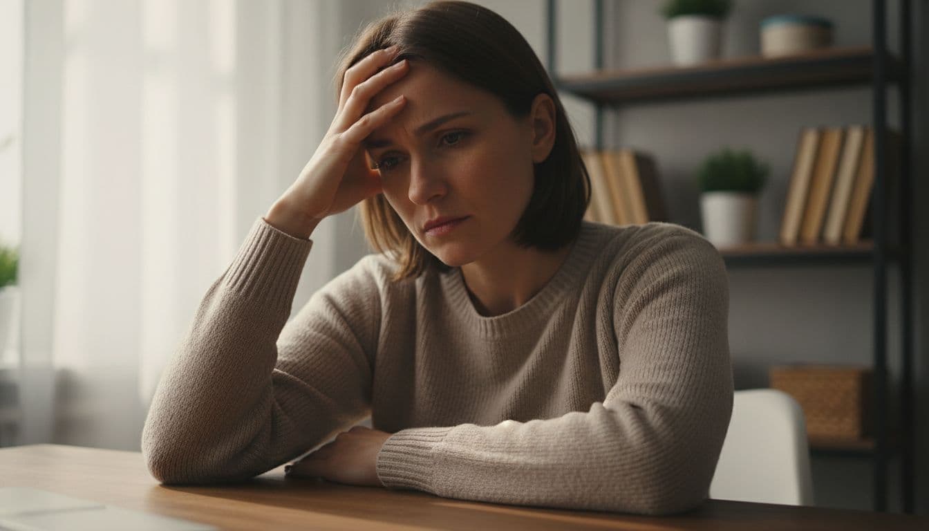 An adult in a quiet home workspace pauses mid-task with hand on forehead, showing a thoughtful expression as they notice self-critical thoughts, highlighted by soft morning light in a cinematic close-up on upper body and face.