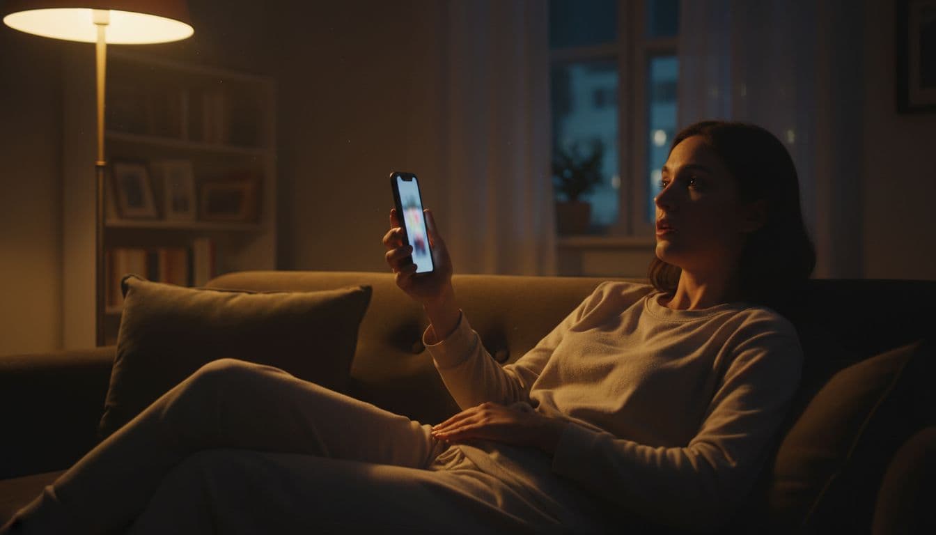 One person lounges relaxed on a living room couch in warm evening lamp light, holding a smartphone loosely in one hand and looking up pensively from the blurred screen with a moment of realization about comparison. Cinematic style features strong contrast, dramatic shadows, and depth, focusing solely on this introspective distraction.
