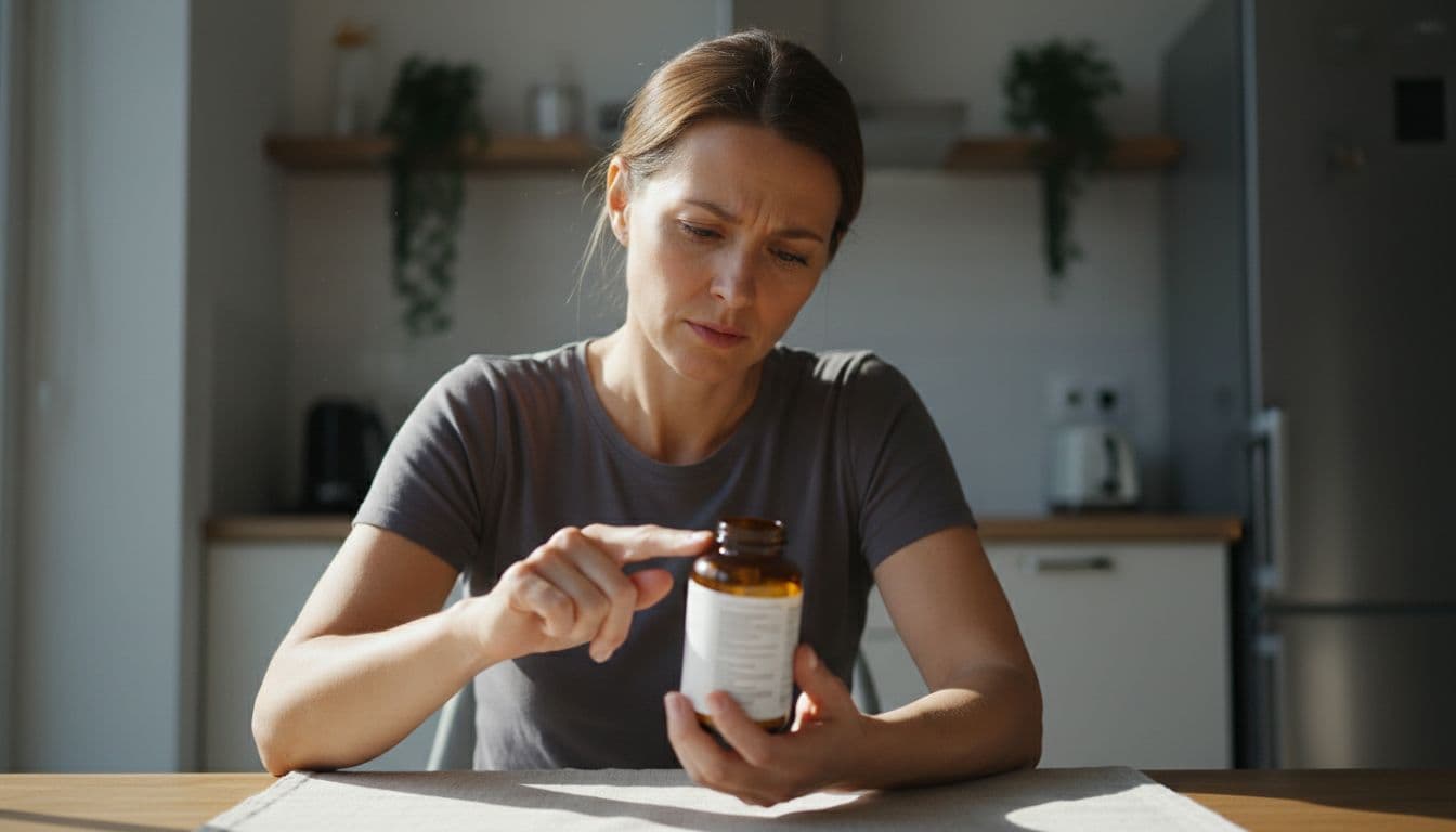 A single person at a kitchen table closely examines the ingredients list on a collagen supplement bottle to check for allergens, with natural daylight from a window, showing a concerned but calm expression in cinematic style.