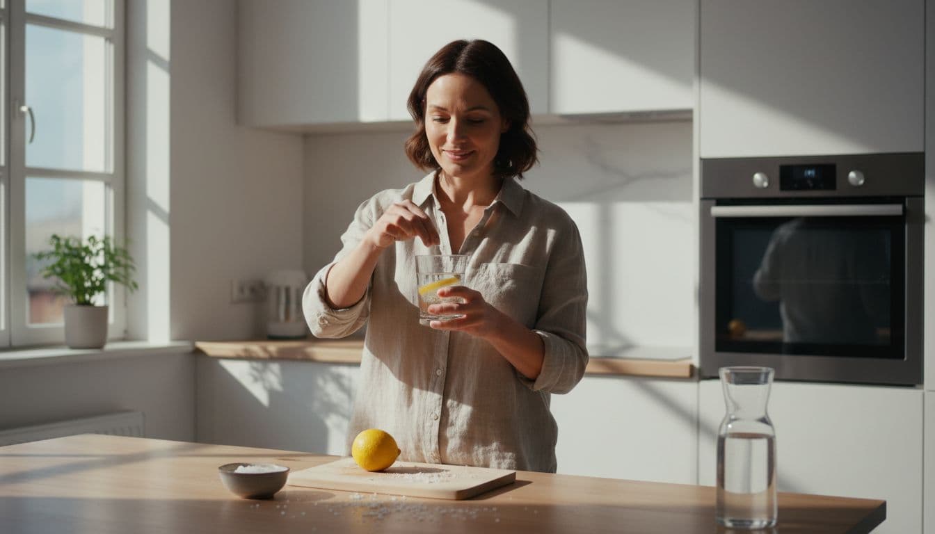 A mid-30s adult in a bright modern kitchen prepares a glass of water by adding a small pinch of salt and a lemon slice, standing relaxed with a natural smile amid ingredients on a wooden table under window light.