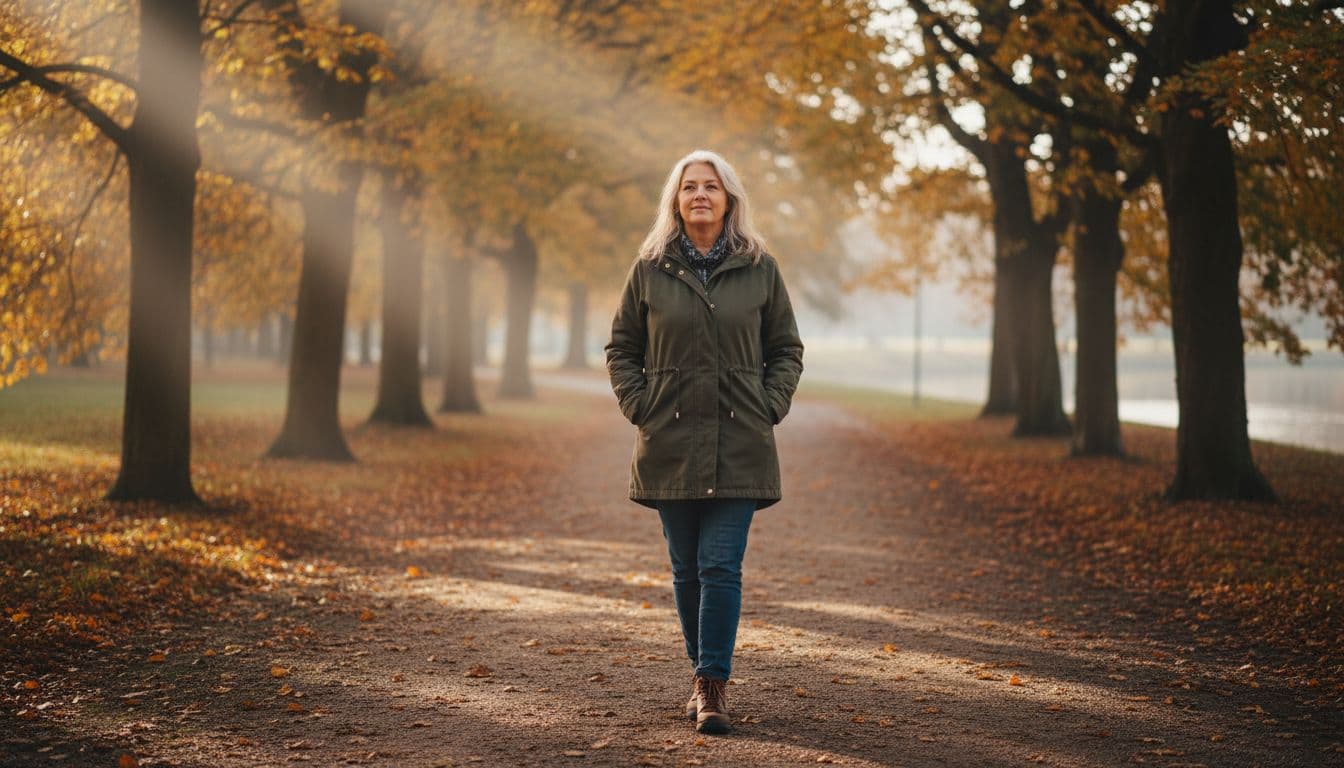 A single middle-aged German woman around 50 takes a gentle daily walk on a serene tree-lined park path for relaxation, with hands loosely in pockets and natural soft autumn daylight filtering through leaves, captured in cinematic style with strong contrast and depth.