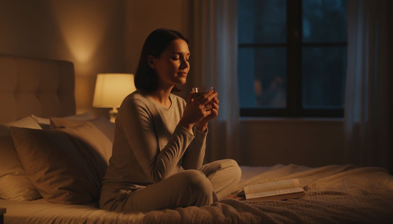 A relaxed woman sits on the bed edge holding herbal tea in a cozy bedroom with warm lamp light and a book nearby, preparing a gentle evening routine for better sleep.